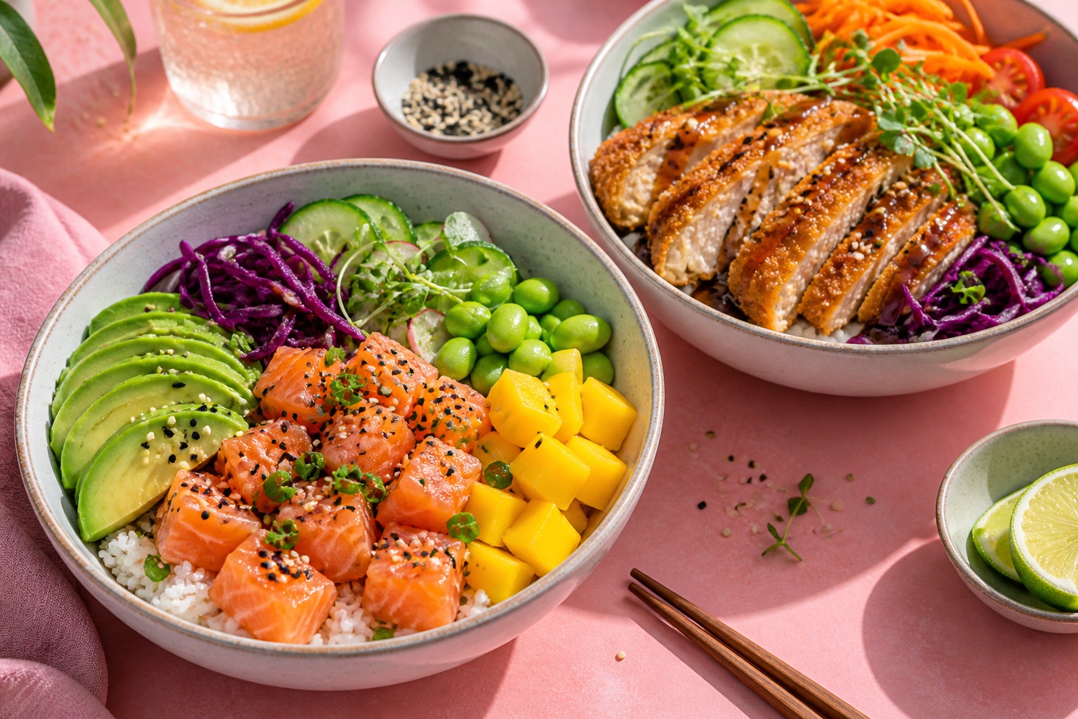Kleurrijke poké bowls met zalm, kip, avocado en verse groenten